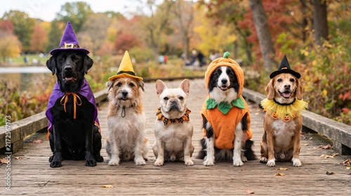 Five dogs wearing adorable Halloween costumes sit in a row on a wooden bridge in the autumn woods