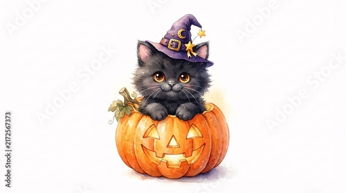 A cute fluffy black kitten wearing a magical witch hat sitting inside a carved orange pumpkin