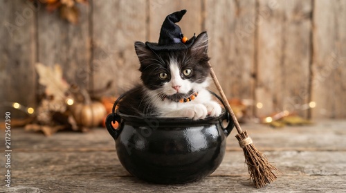 A fluffy black and white kitten wearing a witch hat sits inside a miniature black cauldron for Halloween