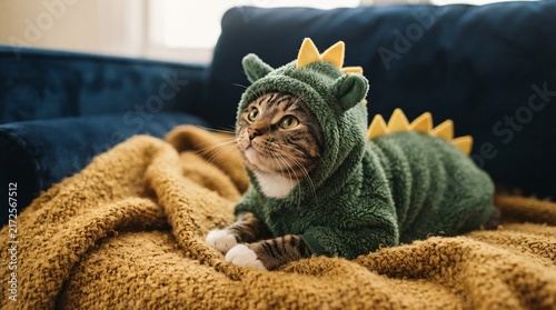 A cute tabby cat wearing a cozy green dinosaur costume while resting on a soft textured mustard blanket