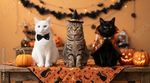 Three cute cats wearing festive costumes sitting on a table decorated for a spooky Halloween celebration