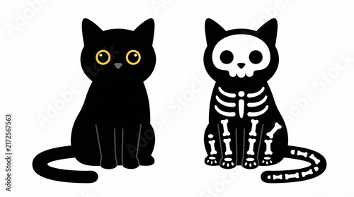 A pair of cute cartoon black cats featuring one normal kitten next to one decorated with a skeleton print