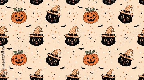 A cute and festive Halloween pattern featuring black witch cats and pumpkins against a cream background