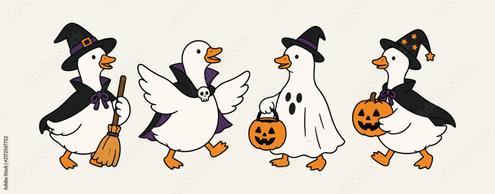 Obraz premium Set of Cute Ducks in Halloween Costumes Witch Ghost Vampire and Wizard holding Pumpkins
