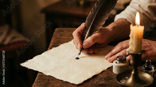Person writing with a quill pen and ink on old parchment by candlelight