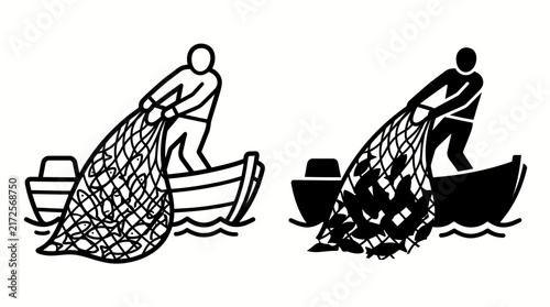 Принти на полотні Black and white vector icons of a fisherman pulling a net from a boat