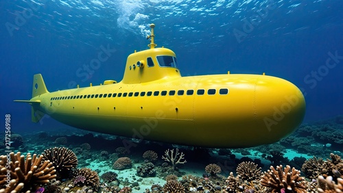 Bright yellow submarine navigating underwater near coral reef with diverse marine life and vibrant corals