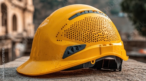 Fototapeta kuchenna Yellow Hard Hat with Ventilation, Professional Equipment Closeup