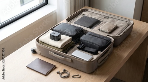 Accessible Travel Gear Layout with Packing Cubes and Universal Adapter
