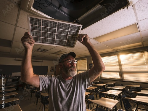 A man in a classroom holding a dirty air filter he has removed from the ceiling. He is wearing glasses and a cap, and the classroom has desks and chairs