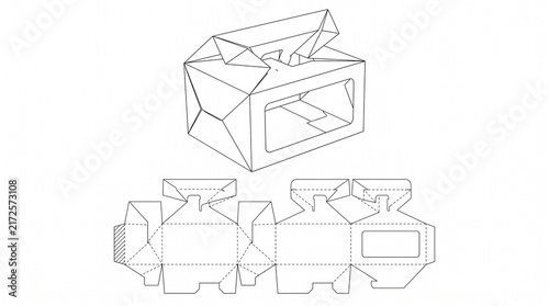 Cardboard Carrier Box Die Cut Template with Window and Handle Packaging Design