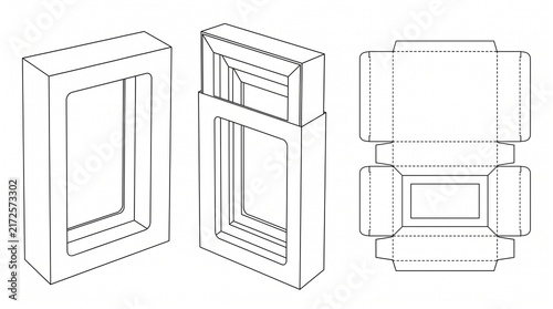 Packaging Box Dieline Template with Window and Sliding Mechanism Vector Illustration