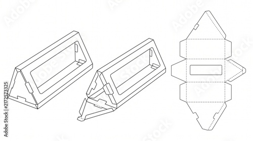 Triangle Prism Packaging Box Dieline Template with Window - 3D Mockup and 2D Flat Layout Vector Illustration