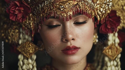 Woman wearing ornate gold traditional headdress and jewelry.