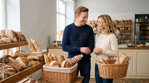 Smiling couple choosing bread in a bakery shop  