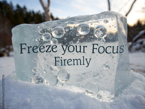 Obraz na płótnie Clear ice block with trapped bubbles and inspiring text