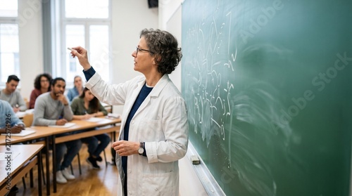 Older professor writing on classroom chalkboard during university lecture  