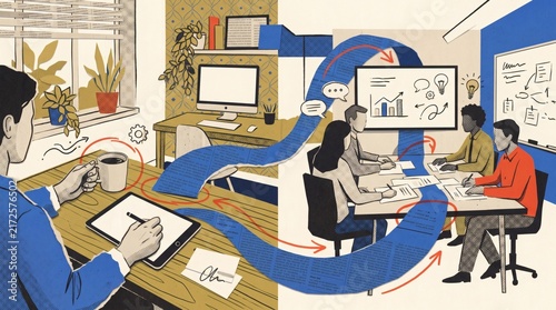 Flat vector style conceptual illustration of remote work office telecommuting global online business communication. Minimalist modern corporate business graphic art for presentation and web layo.