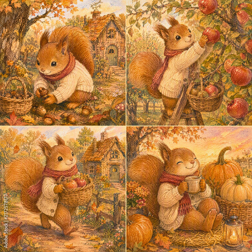 Cute Squirrel Friends Enjoying an Autumn Woodland Garden
