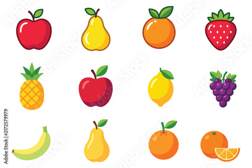 Colorful flat design fruit icons collection for healthy eating and diet promotion.