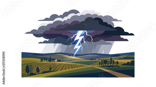 Bild auf Leinwand Lightning Storm Over Countryside Landscape Vector Illustration