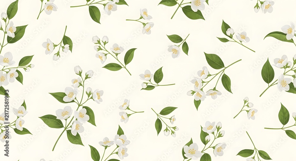 Delicate white flowers and green leaves seamless pattern.