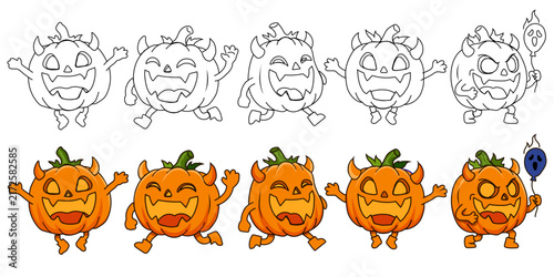 happy jumping,running around and smiling cute simple cartoon pumpkin face characters.colorful and black line media hand drawn design element.vector illustration halloween concept decoration objects.