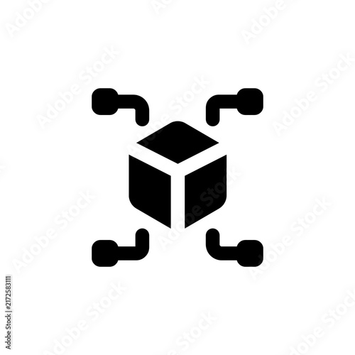 Minimalist 3D black cube icon with four curved arrows pointing outward for expansion or distribution concepts