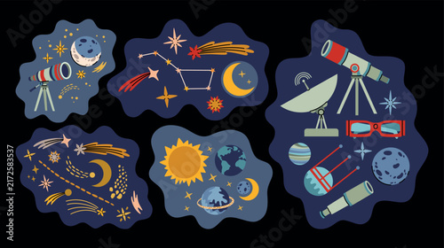 Cute hand drawn set of compositions with various planets, Earth, Saturn, Sun, Moon, lunar and solar eclipse, shooting and sparkling stars, constellations, comets, telescopes and astronomical glasses.