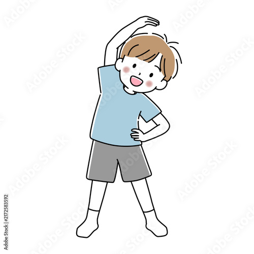 体側を伸ばして笑顔でストレッチをする男の子のベクターイラスト