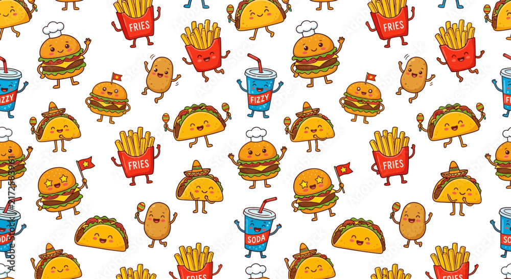 Fototapeta premium Cute Kawaii Fast Food Pattern