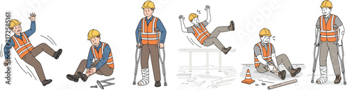 Set of construction worker accident safety hazard infographics and illustrations