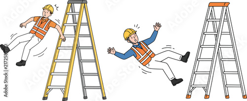 Construction worker falling from ladder accident and workplace safety hazard set