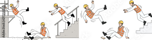 Workplace injury and accident illustration set showing worker falling down