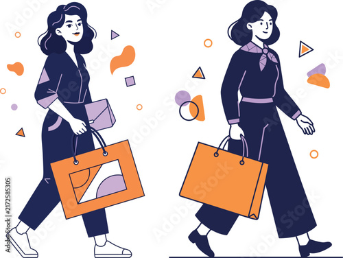 Stylish woman walking and carrying a shopping bag illustration with shopping