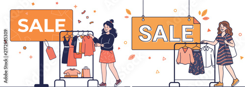 Women shopping at a clothing store sale event illustration with shopping