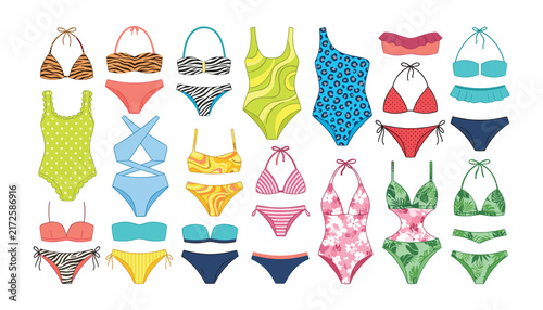 Фотография Swimwear and bikini vector illustration set featuring assorted summer swimsuits