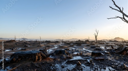 Early morning light over desolate landscape with burnt tree remains
