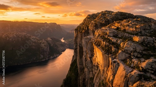 Dramatic sunset over deep river canyon and rocky cliffs
