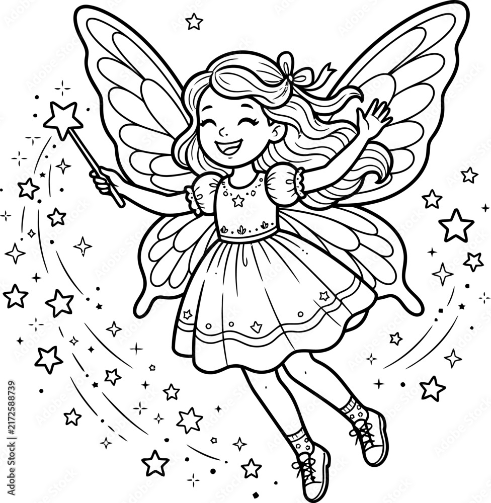 Naklejka premium Cute little fairy flying with a magic wand surrounded by sparkling stars for a children coloring book page