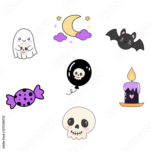 Cute Halloween Cartoon Elements Set With Ghost, Bat, Skull, Candle, Moon and Candy
