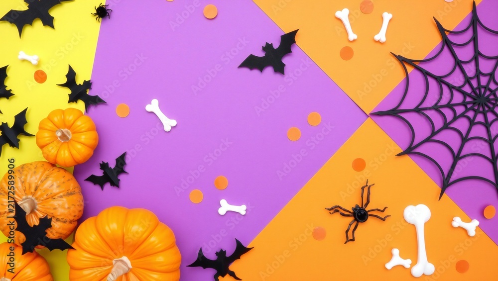 Fototapeta premium Happy halloween background with orange pumpkins black bats purple spider web and white bones on a colorful geometric paper surface