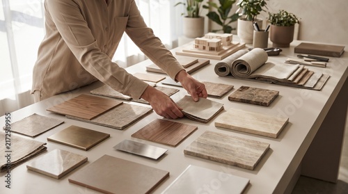 Interior designer hands, selection of marble wood fabric and metal sample swatches, arranging material mood board layout, on large desk in modern design studio, interior design photography