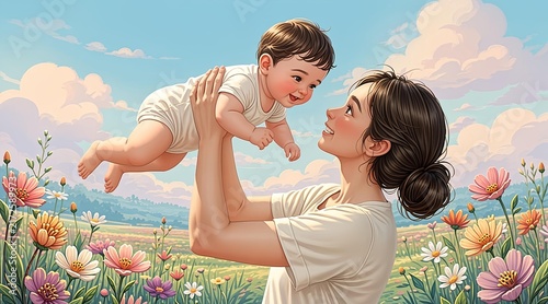 Mother lifting happy baby in vibrant flower field under blue sky