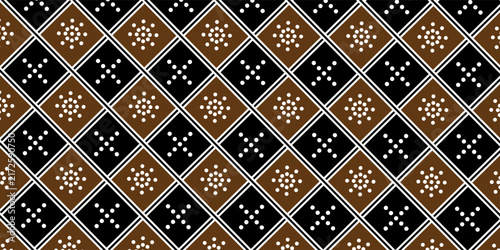 Traditional Indonesian batik pattern featuring repeating checkerboard geometric squares with classic floral dot motifs in authentic brown, black, and white colors.