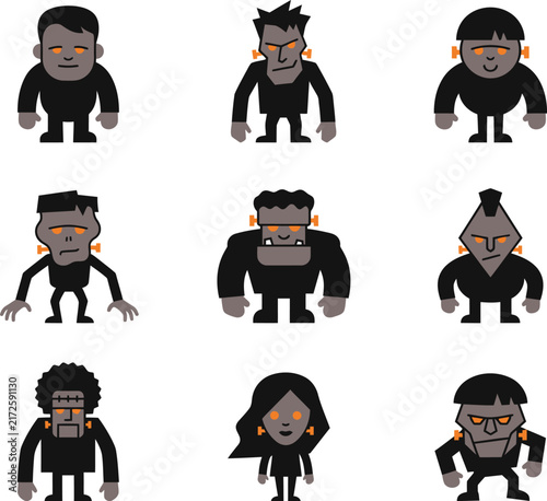 Set of nine hand drawn cartoon characters with various hairstyles and facial expressions in black outfits
