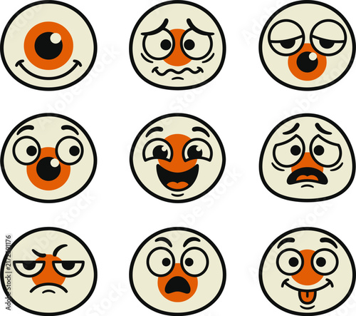 Set of cute cartoon faces with various expressions showing different emotions for graphic design projects