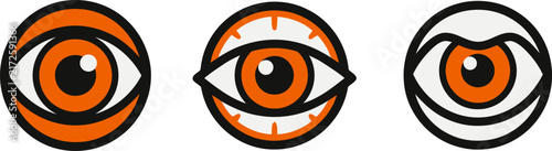 Set of three stylized orange eye icons representing vision and perception in a minimalist graphic design style