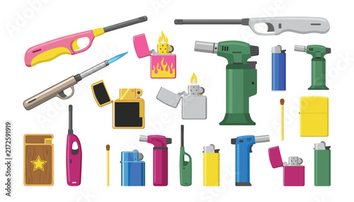 Foto Lighter and torch vector illustration set featuring assorted utility gas lighter