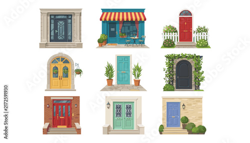 House door and storefront vector illustration set featuring assorted modern classic entryways building facades and portals isolated on white background